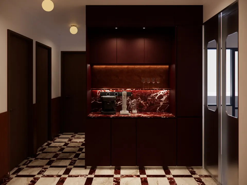 Coffee bar with a red marble counter