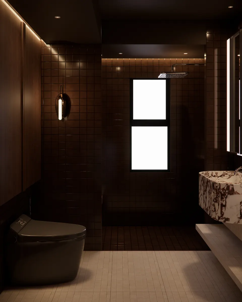 Dark tiled bathroom