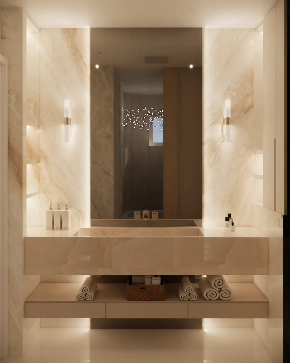 Backlit cream marble vanity